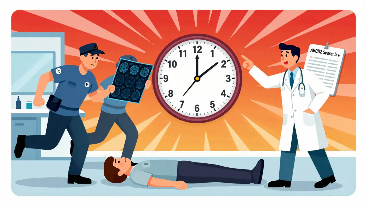 Emergency room scene with a ticking 48-hour clock, MRI scan glowing, and ABCD2 score chart.