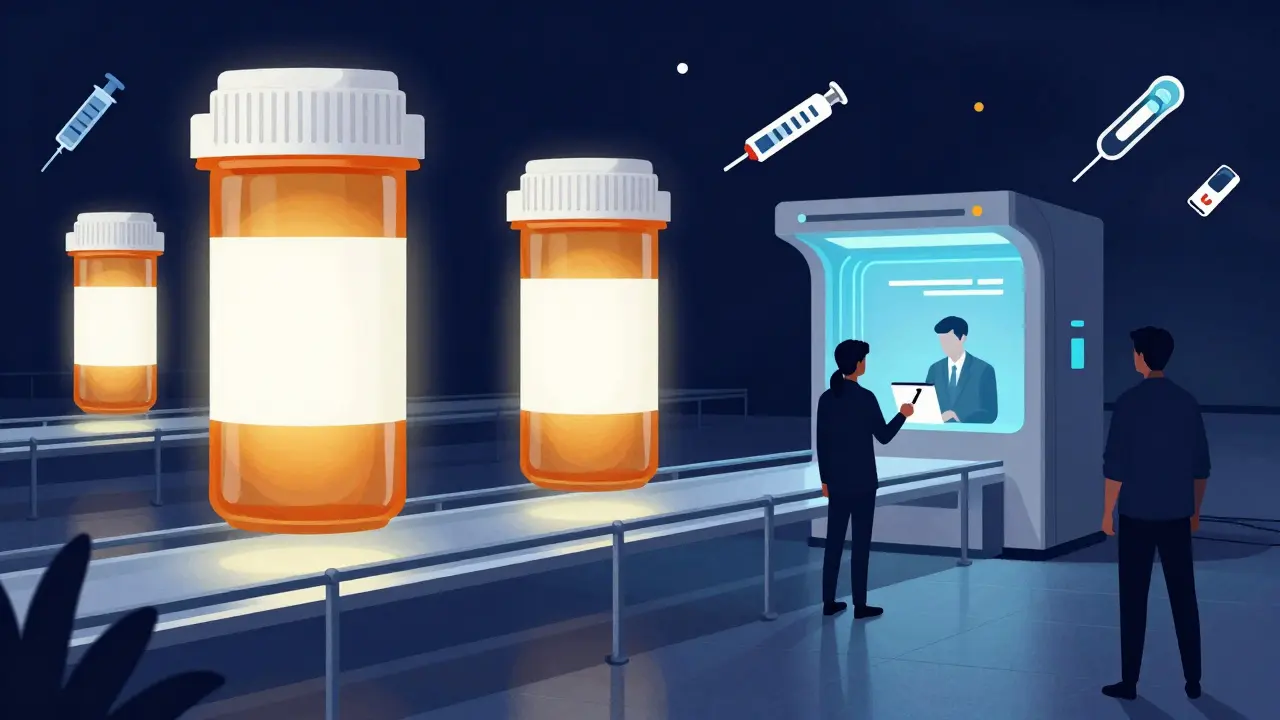 Glowing prescription bottles floating above airport security lane with AI scanner in background