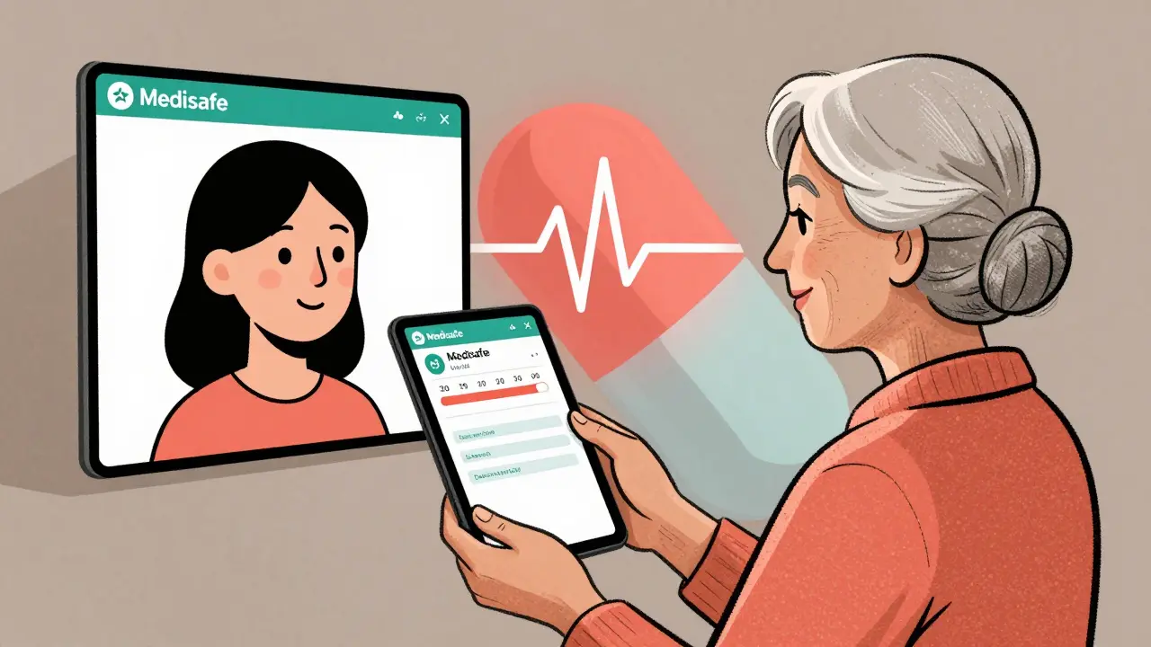 Grandmother and daughter sharing a medication app screen with a glowing pill and heartbeat symbol in background.