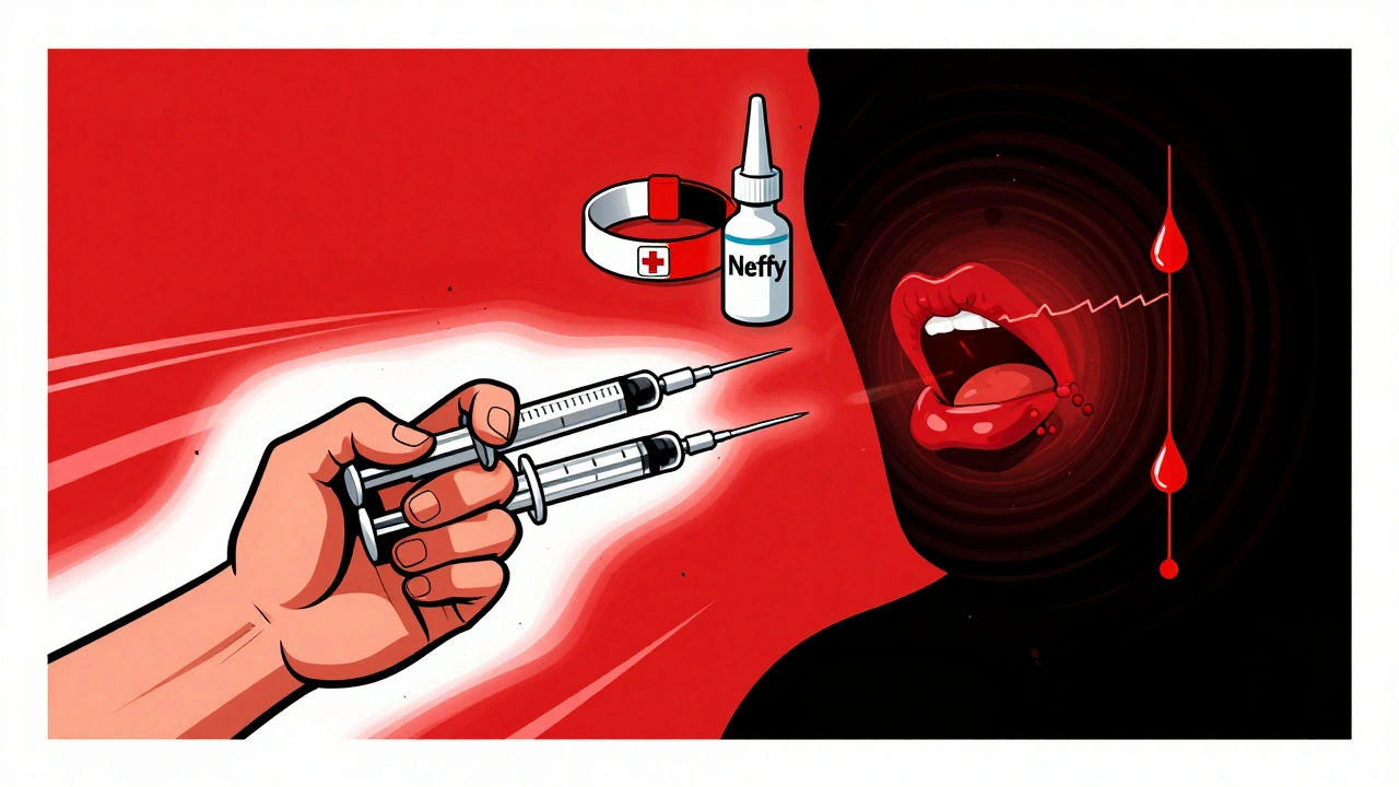Hand holding two epinephrine injectors as weapons against a dark anaphylaxis vortex, with medical bracelet and nasal spray.