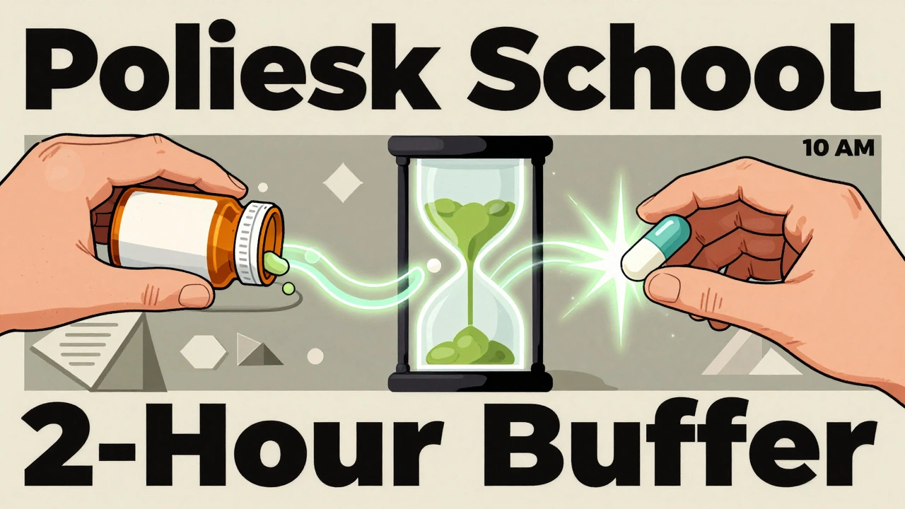 Hands taking antibiotic and probiotic two hours apart, with a glowing time buffer between them.