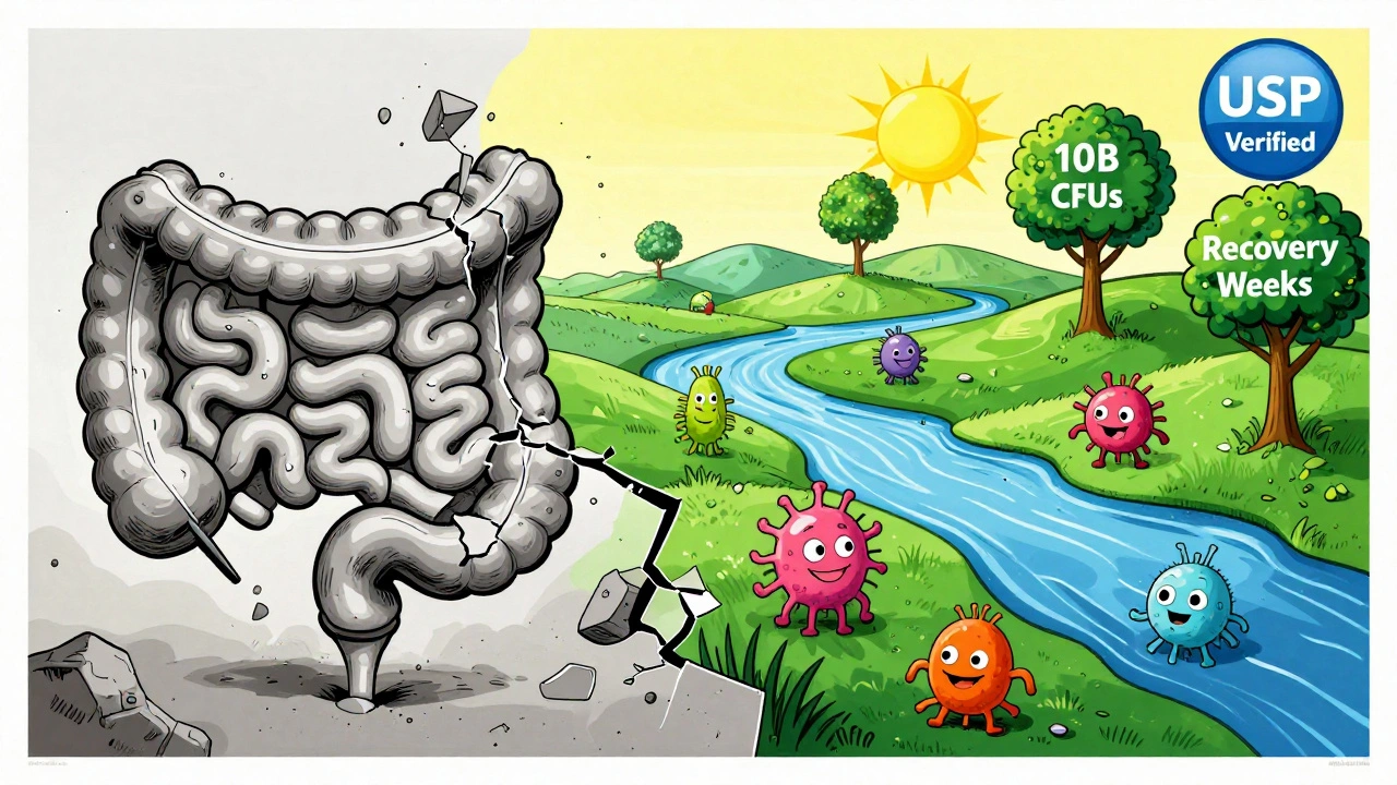 Healing gut landscape transforming from barren to thriving with probiotic microbes rebuilding balance.
