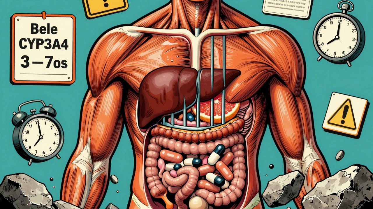 Human torso diagram showing grapefruit blocking enzyme pathways, flooding simvastatin into muscles.