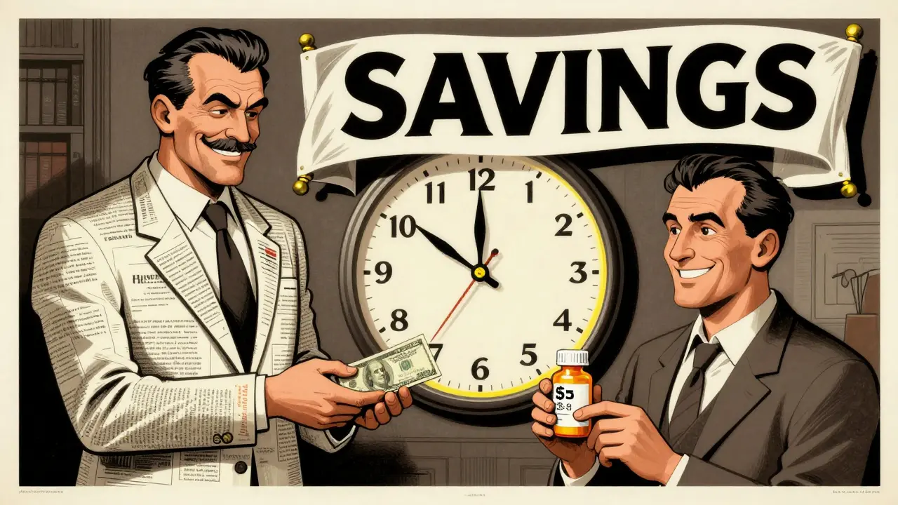 Patient holding cheap generic pill while brand-name executive holds expensive bill, split-screen style.