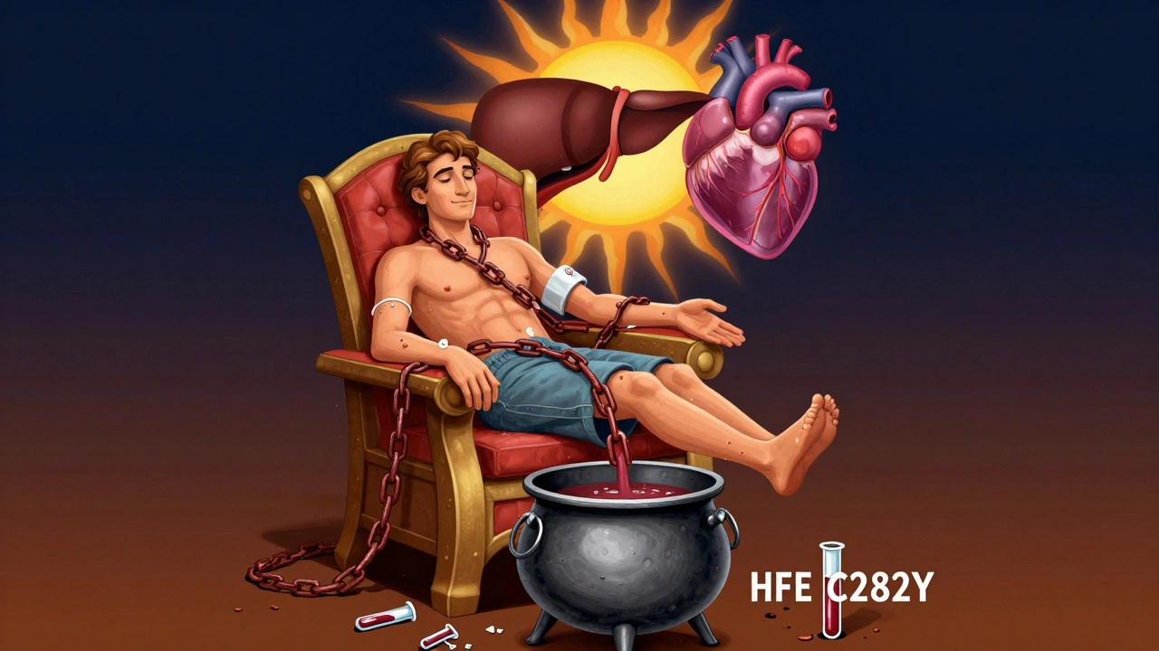 Patient on a blood donation throne as iron chains drain into a cauldron, with healing organs and a genetic helix in the background.