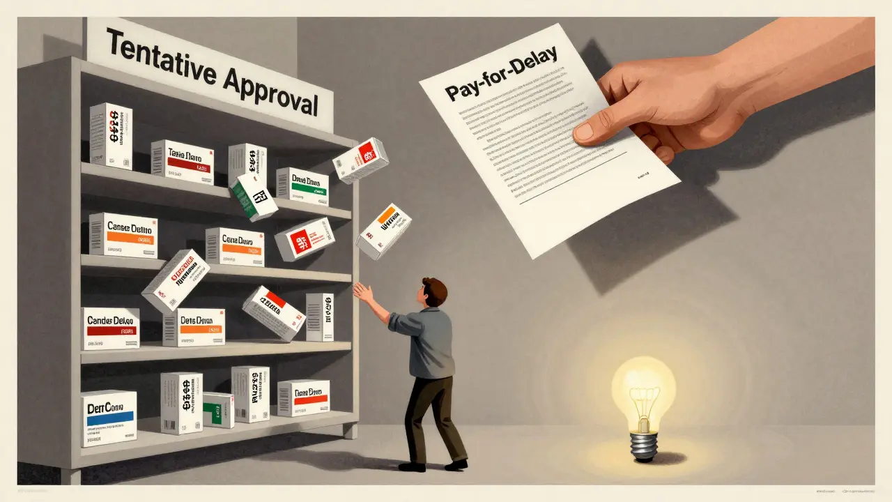 Patients reaching for frozen generic drugs while a pay-for-delay contract casts a shadow over a small hope lightbulb.