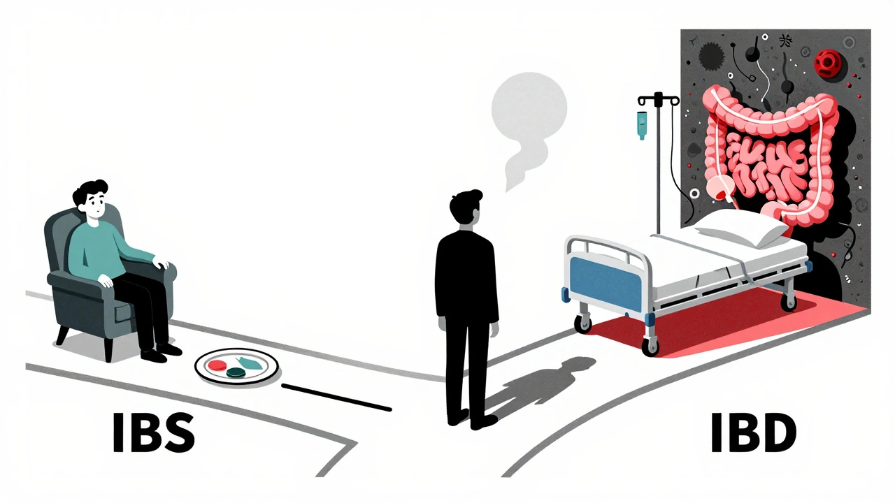 Person at a crossroads between IBS and IBD paths with symbolic medical and lifestyle elements.