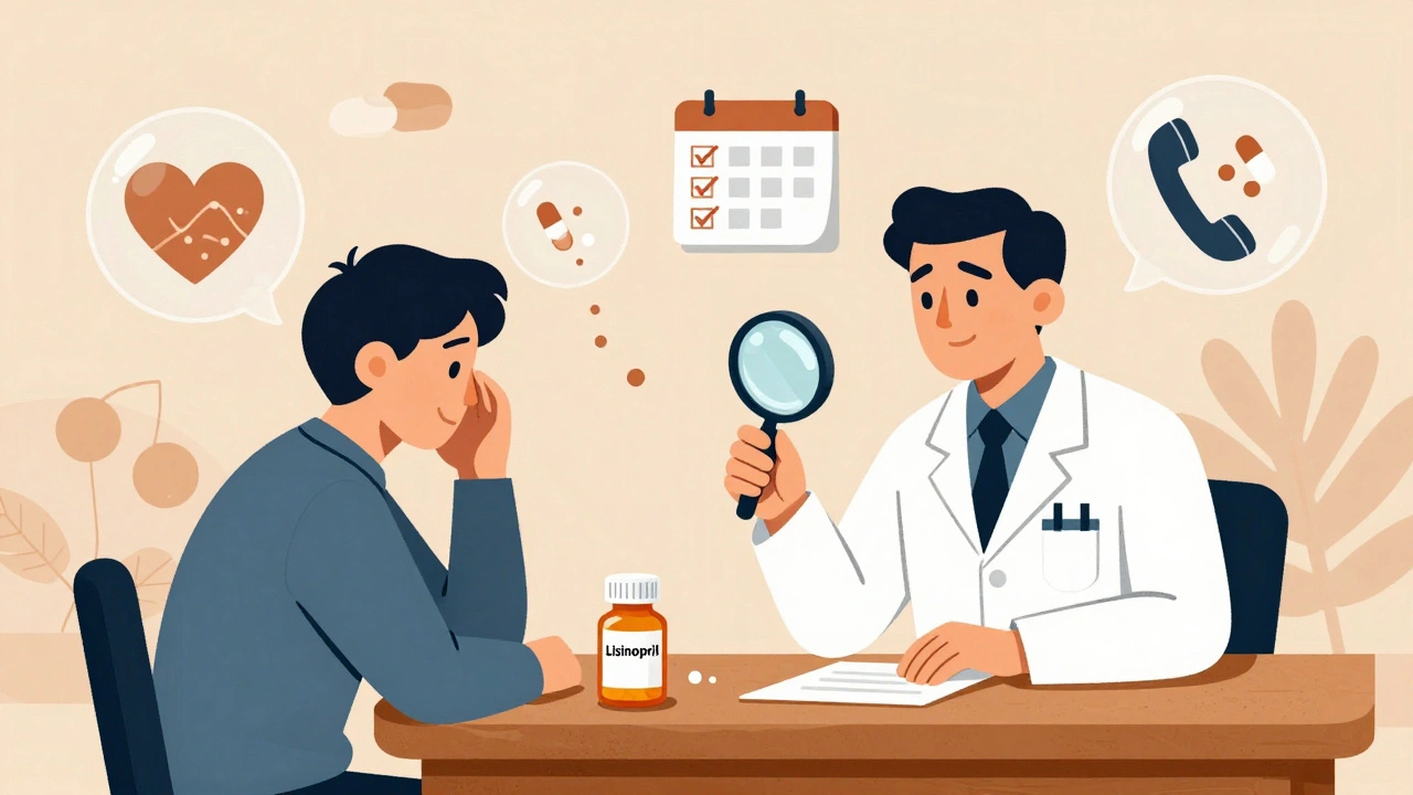 Pharmacist and patient conversing with floating symbolic bubbles showing medication actions and safety steps.