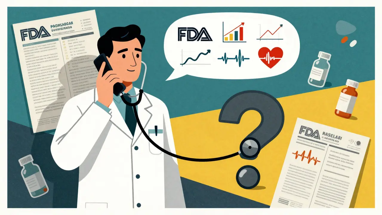 Pharmacist calling doctor, speech bubble filled with medical icons and cost data, background of floating pills and charts.