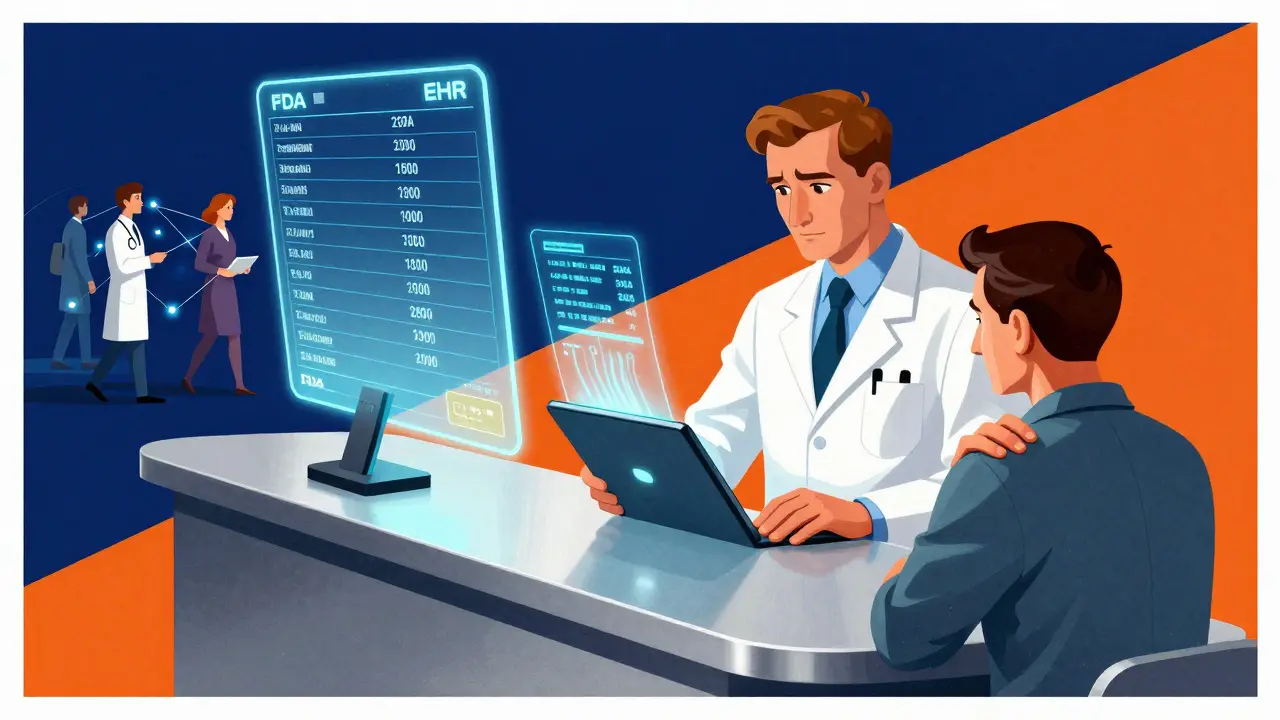 Pharmacist with AI holograms guiding substitution, connected to patient and EHR system via glowing threads in futuristic pharmacy.