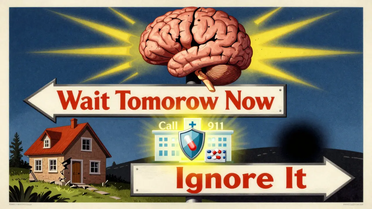 Roadside signpost showing three paths after a TIA, with a cracked brain emitting warning rays.