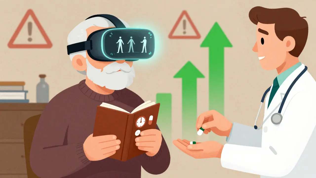 Senior with medication diary and VR headset, receiving a safer pill from a doctor in a home setting.