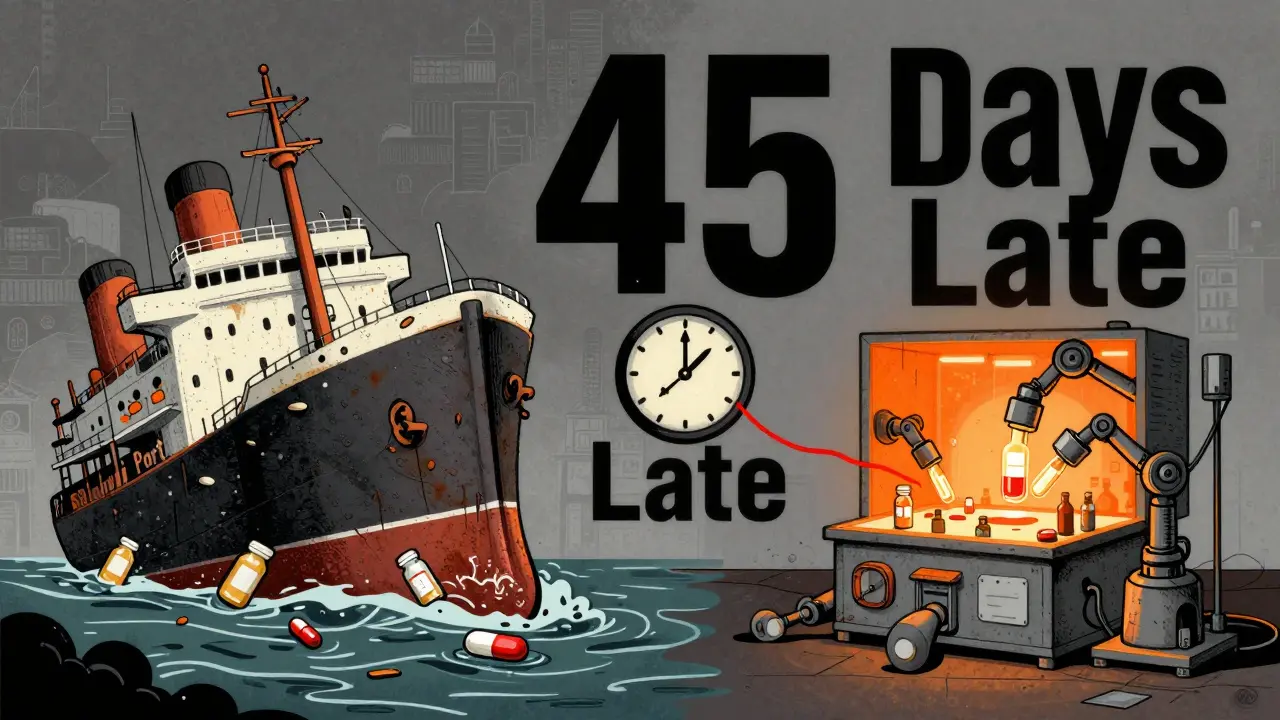 Sinking ship from Shanghai connected to a small U.S. microfactory, clock showing 45-day delay, industrial color palette.