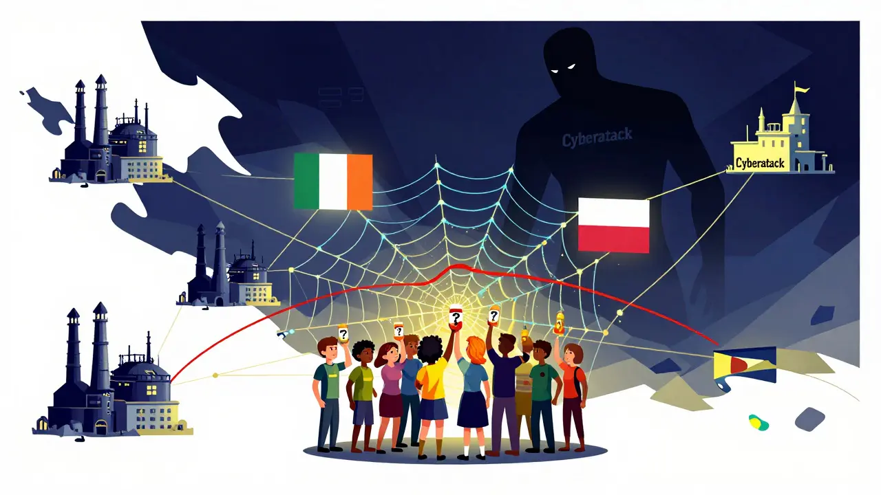 Spiderweb of global factories with one broken thread, patients holding question-mark pills, cyberattack shadow in background.