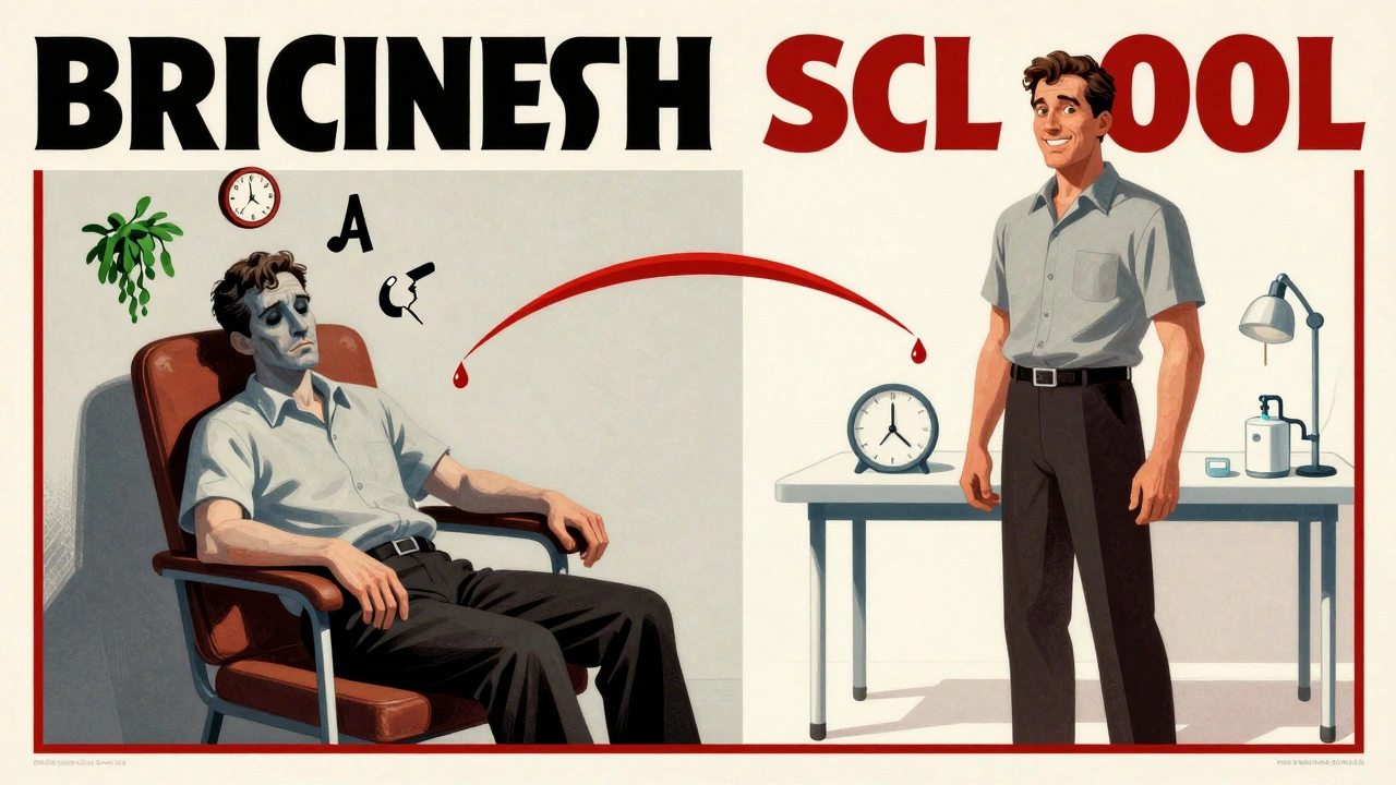 Split illustration of a man before and after phlebotomy, connected by an arc of blood, framed like a vintage poster.