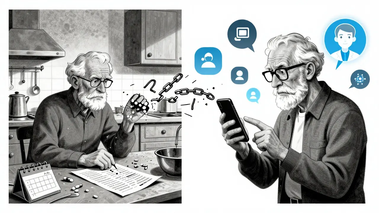 Split scene: messy pill chaos vs. organized digital health with AI coach guiding user in poster art style.