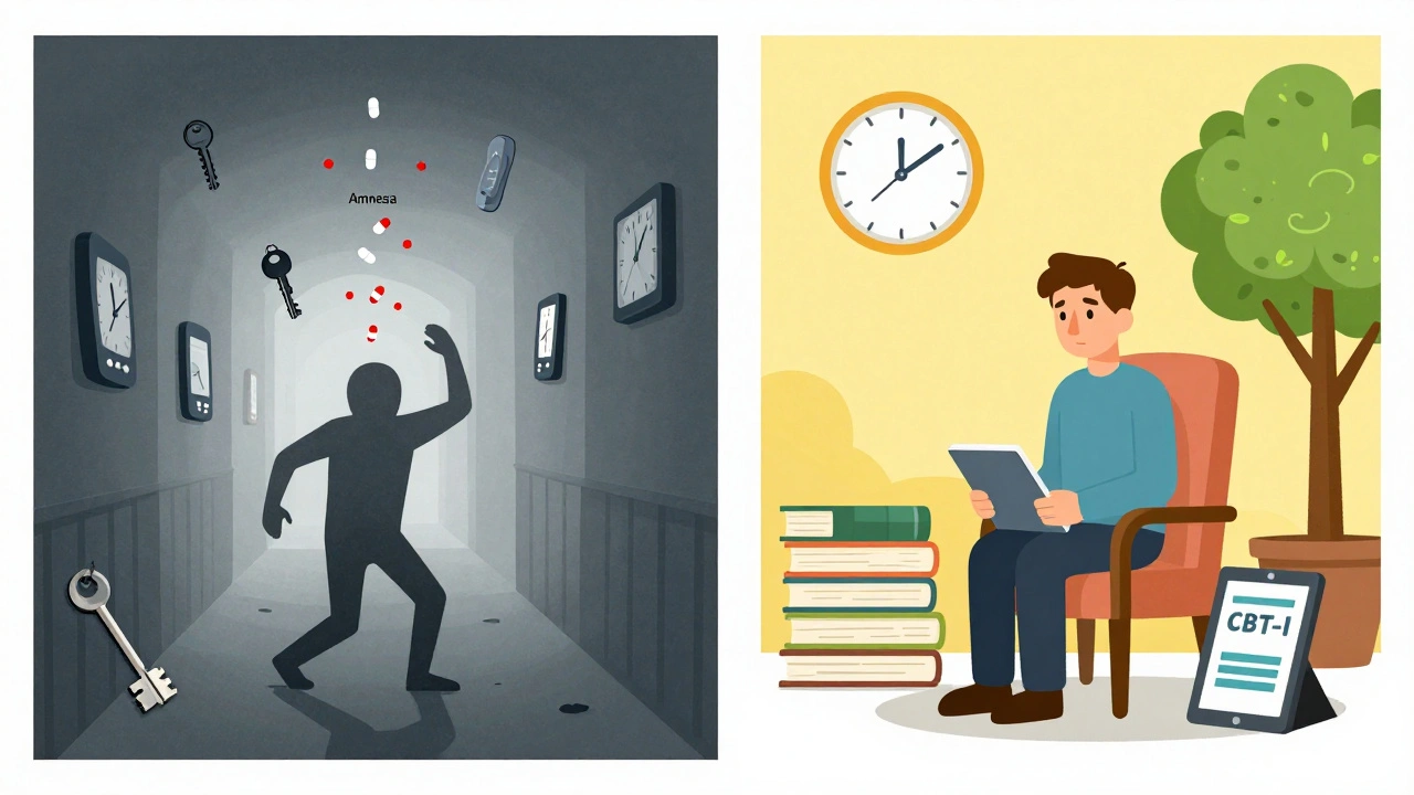 Split scene: one side shows confusion and memory loss from pills, the other shows calm clarity with CBT-I therapy.