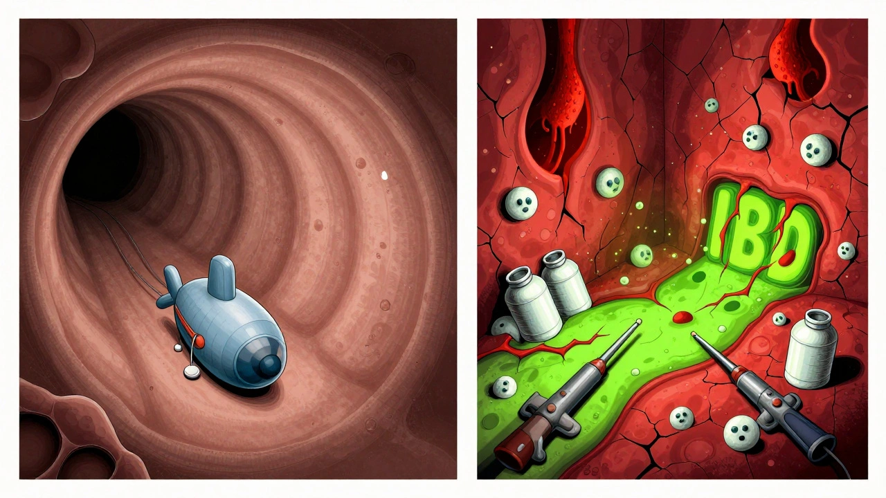 Surreal colonoscopy scene comparing a smooth tunnel to a war-torn intestinal landscape.