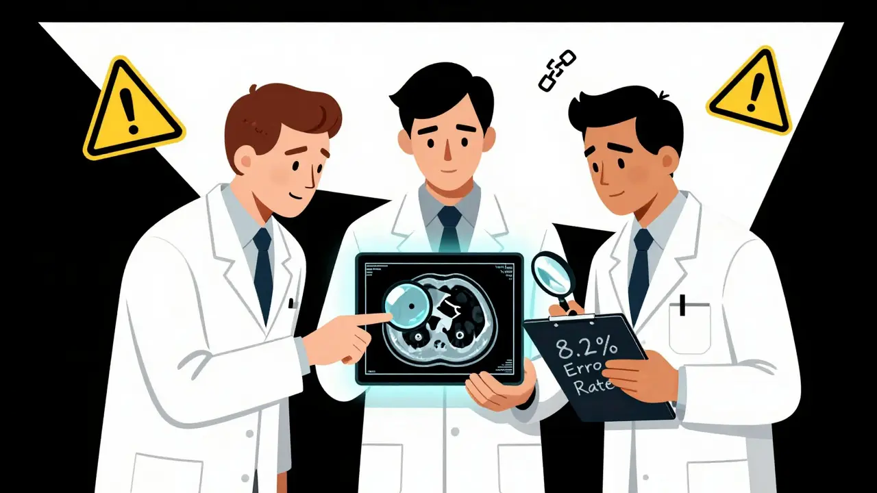 Three annotators examining a CT scan with floating error indicators, rendered in stylized poster art with high contrast and symbolic elements.