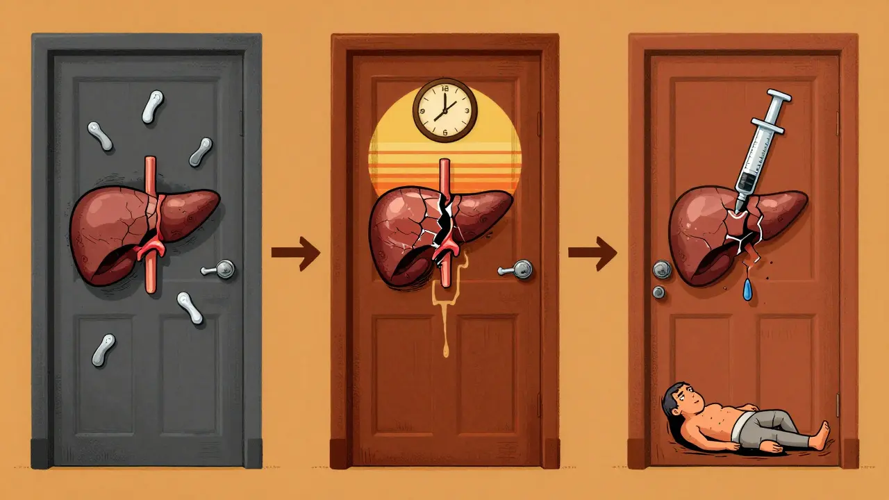 Three stages of type 1 diabetes shown as descending symbolic doors in a surreal, geometric illustration.