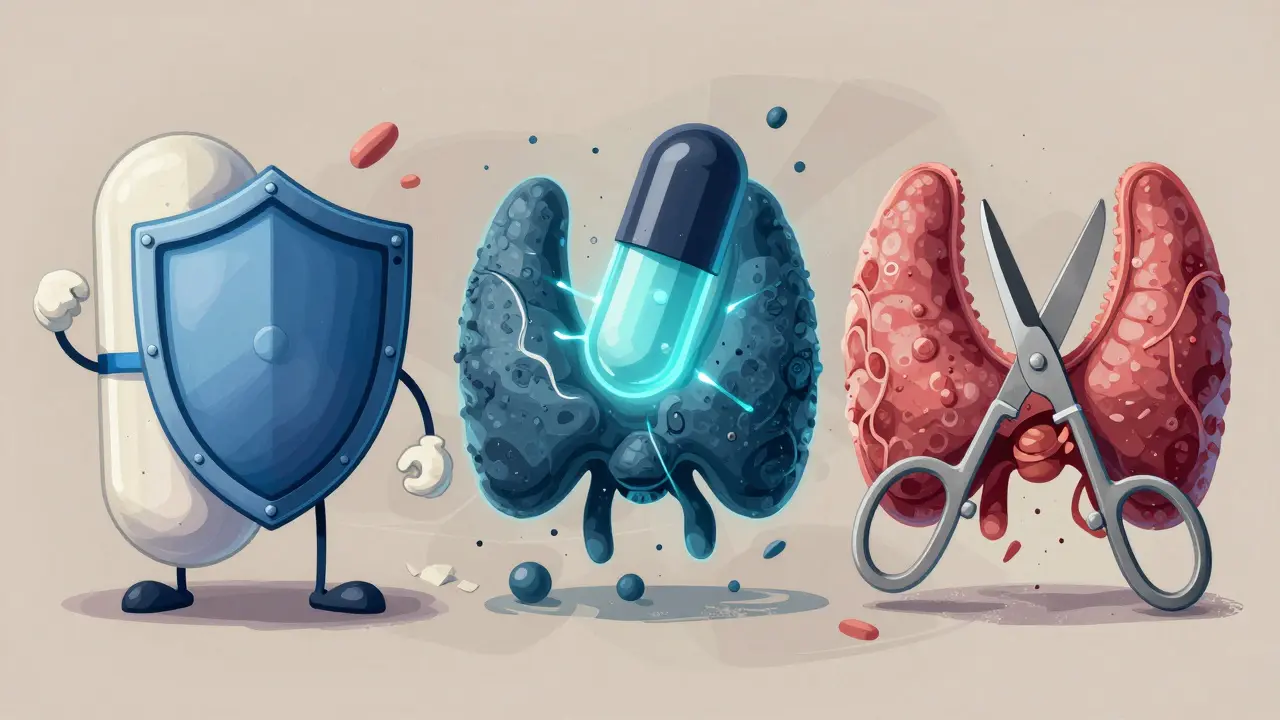 Three symbolic treatment methods for Graves’ disease: pill, radioactive capsule, and surgical scissors.