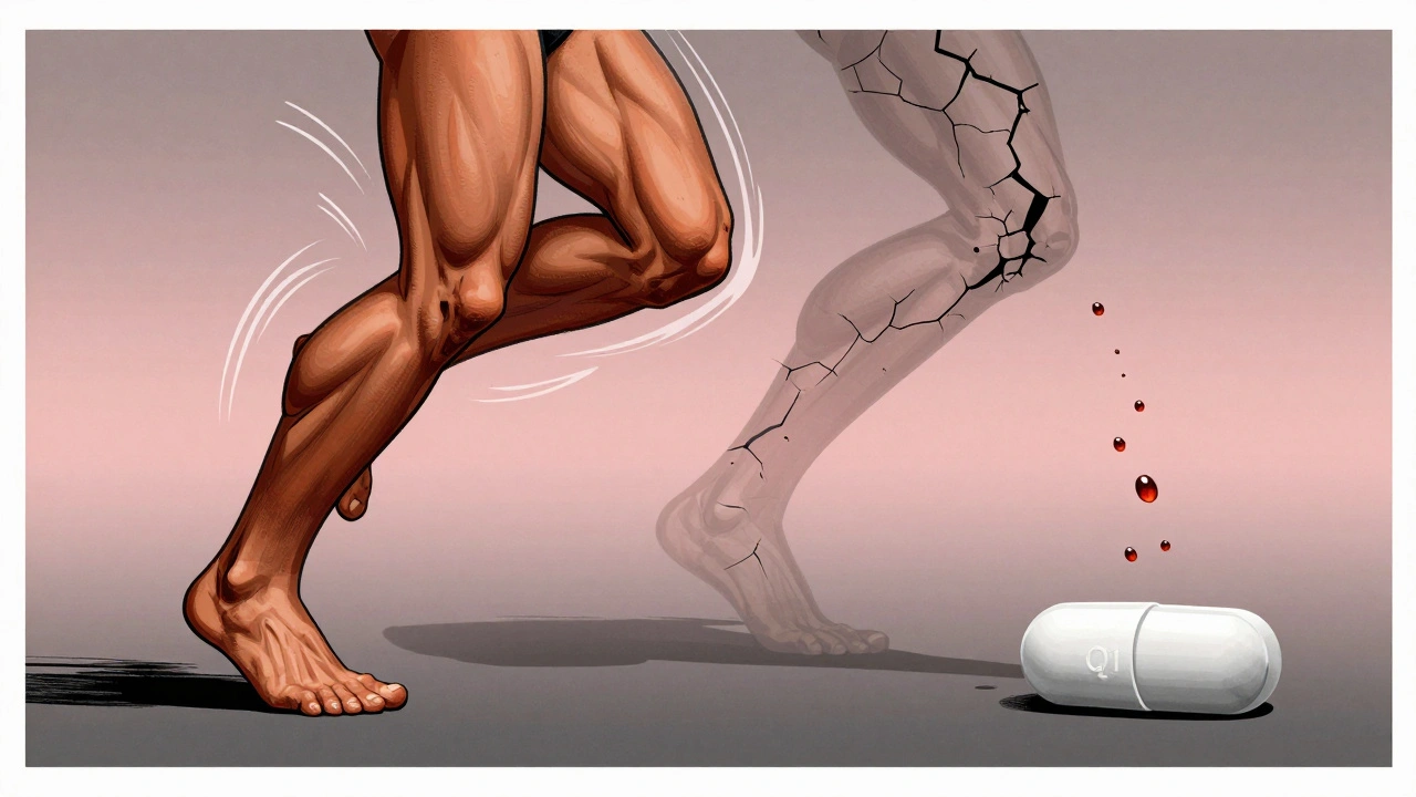 Two contrasting legs — one energetic, one fading — with statin pill casting a shadow that drains energy particles.