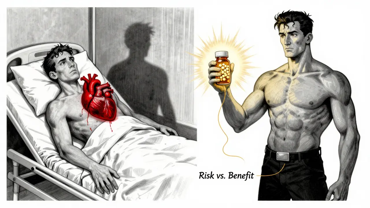 Two contrasting scenes of a patient: one ill with a dark heart shadow, one healthy with golden light from a pill bottle.