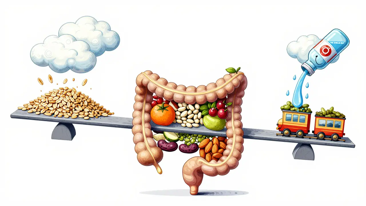 A balanced plant-based feast on a seesaw over the colon, showing soluble and insoluble fiber working together, in Polish poster style.