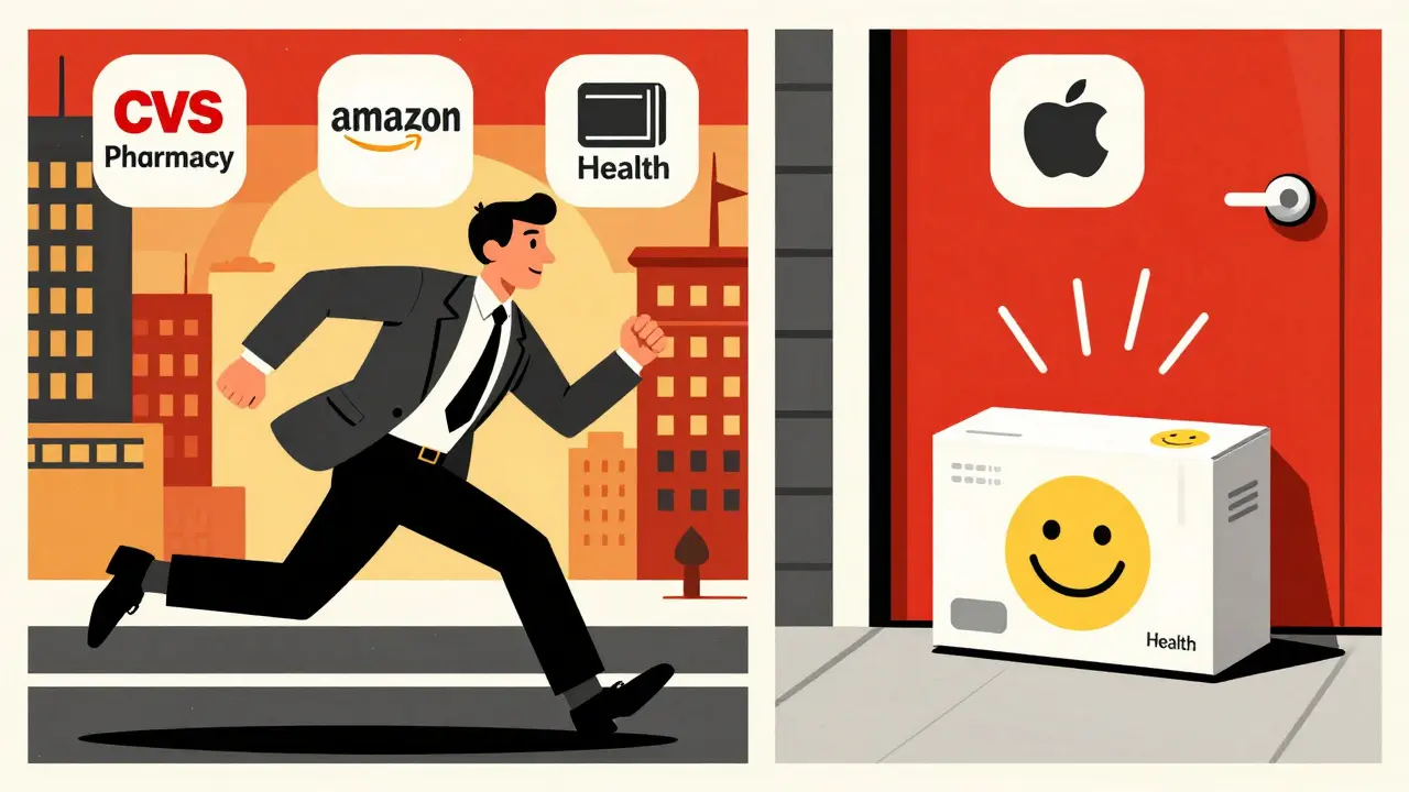 A busy person and their automated medication delivery shown in contrasting panels with pharmacy and health app icons.