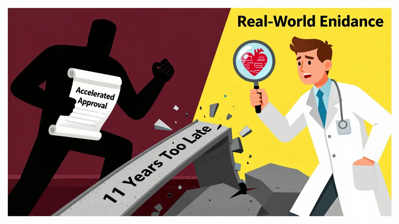 A corporate figure battles a scientist over a collapsing bridge of patient stories, symbolizing delayed drug withdrawal.