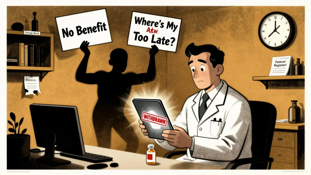 A doctor faces floating patient signs while shelves labeled 'Orange Book' and 'Federal Register' stand behind.