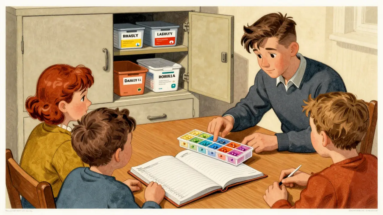 A family reviewing a medication log at a table, with organized pill bins visible in the background, rendered in stylized poster art.