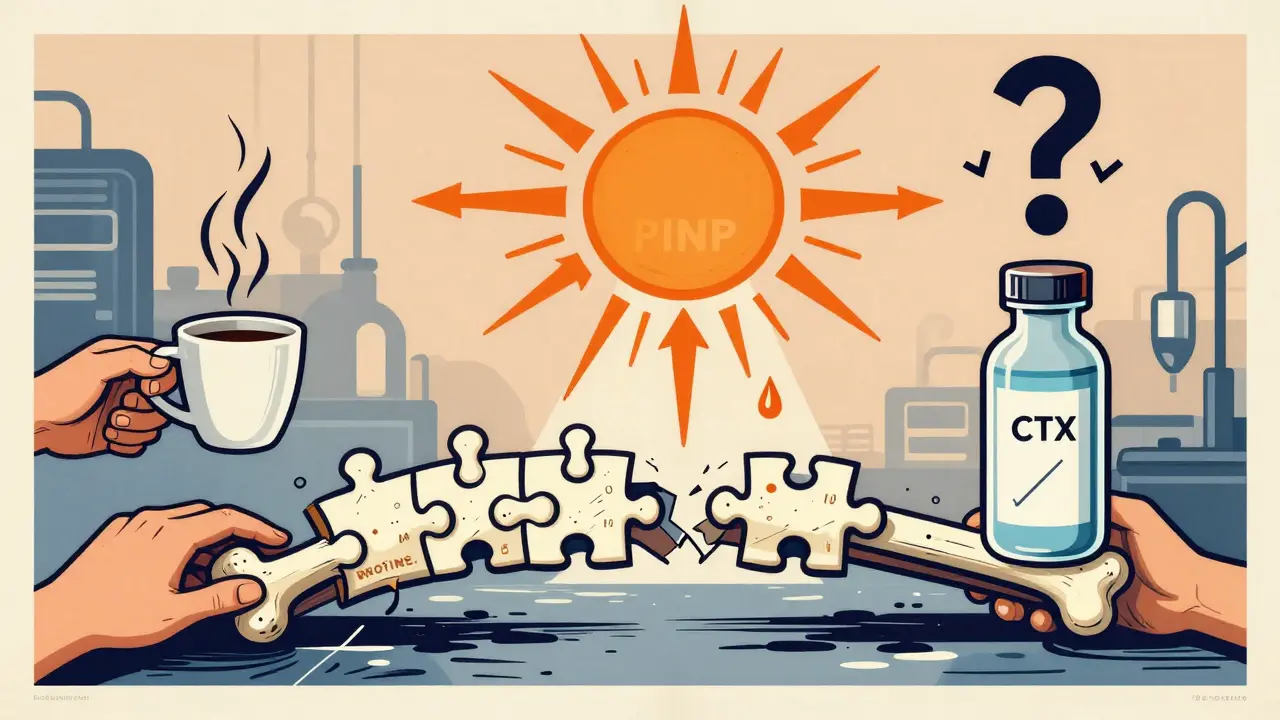 A fractured bone turning into a bridge of puzzle pieces labeled with test results, transitioning from a coffee cup to a morning blood draw under a rising sun.