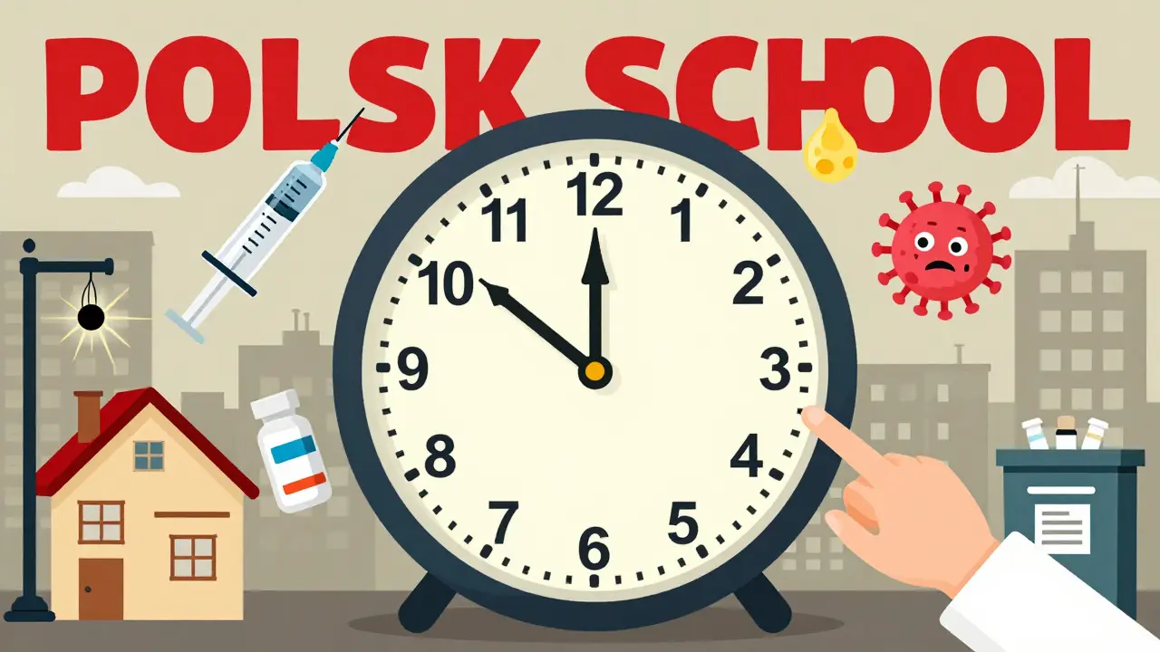 A giant clock with antibiotic bottles as hands, showing expiration times and dangers of improper storage in bold poster art style.