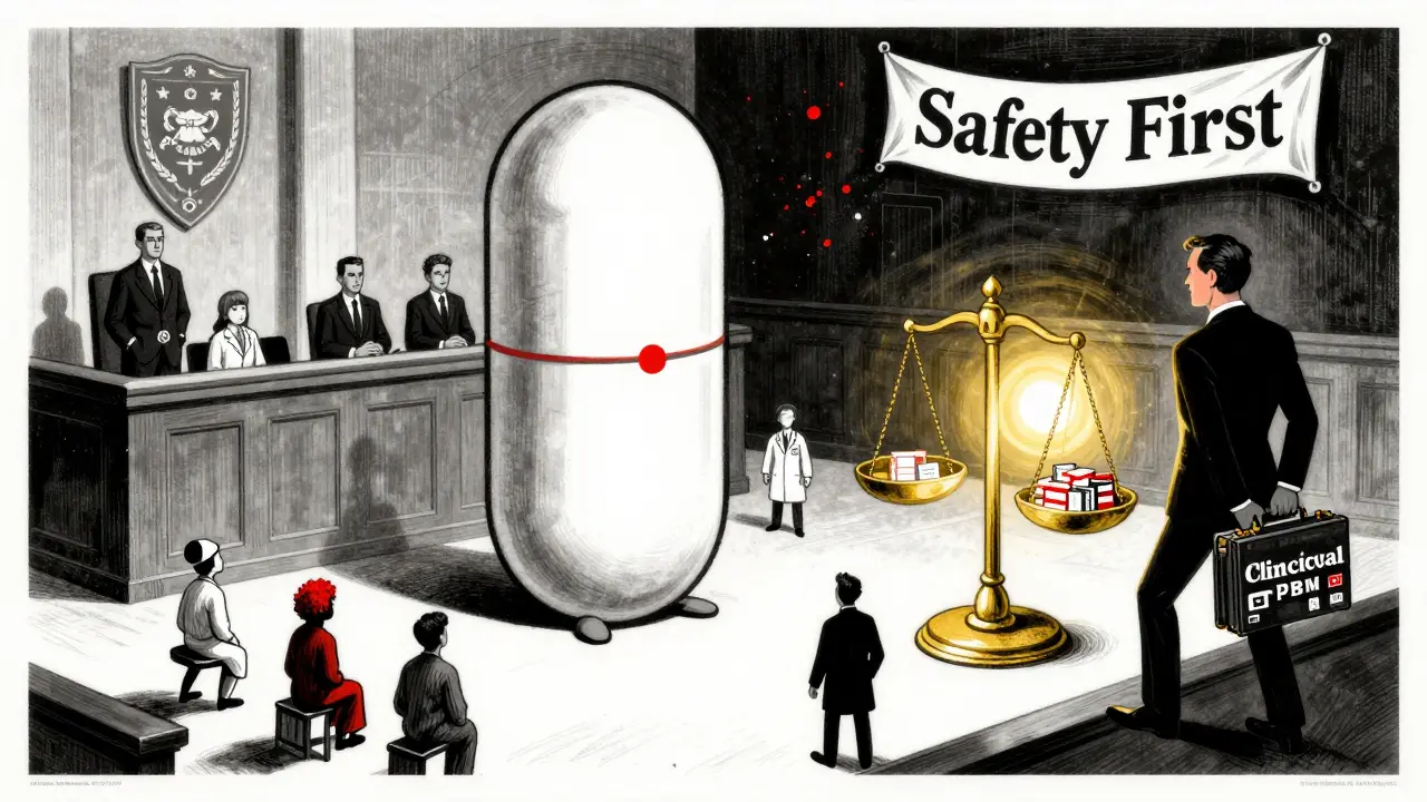 A giant generic pill on trial against a shadowy pharmacy executive, with clinical judgment as the defense in stylized poster art.