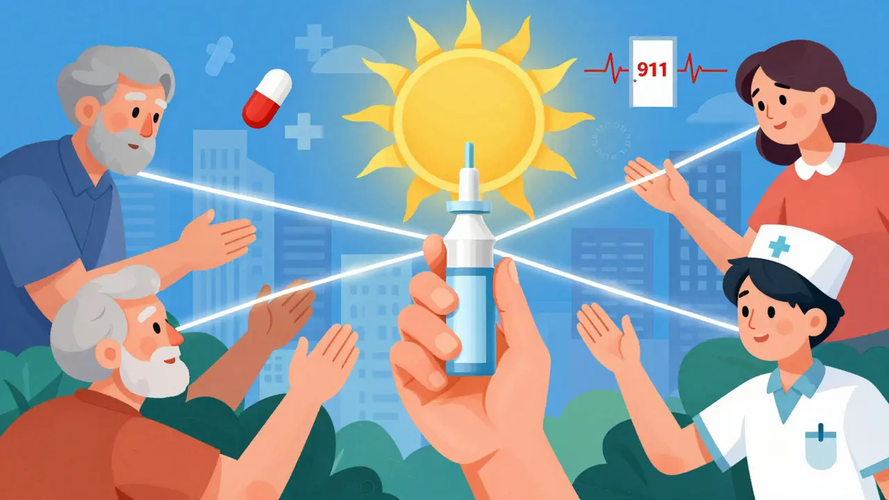 A hand holding naloxone as lifeline, with diverse people connected by glowing threads to a revived figure under a rising sun.