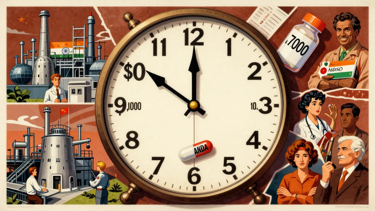 A healthcare clock with pill bottles as hands, centered on an ANDA pill swinging between high and low prices, in Polish poster style.