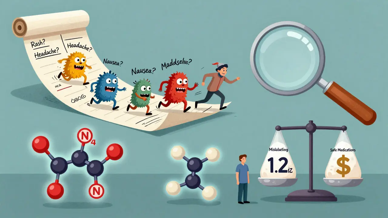 A medical chart turning into monsters chased by a magnifying glass, with glowing chemical structures and a scale showing financial impact of mislabeling.