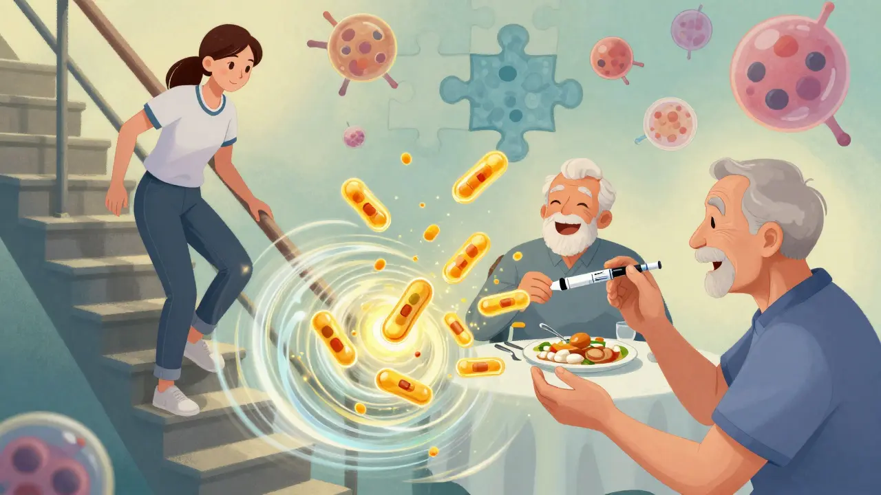 A patient receiving an injection as antibodies disintegrate, with scenes of remission in the background, in Polish poster illustration style.