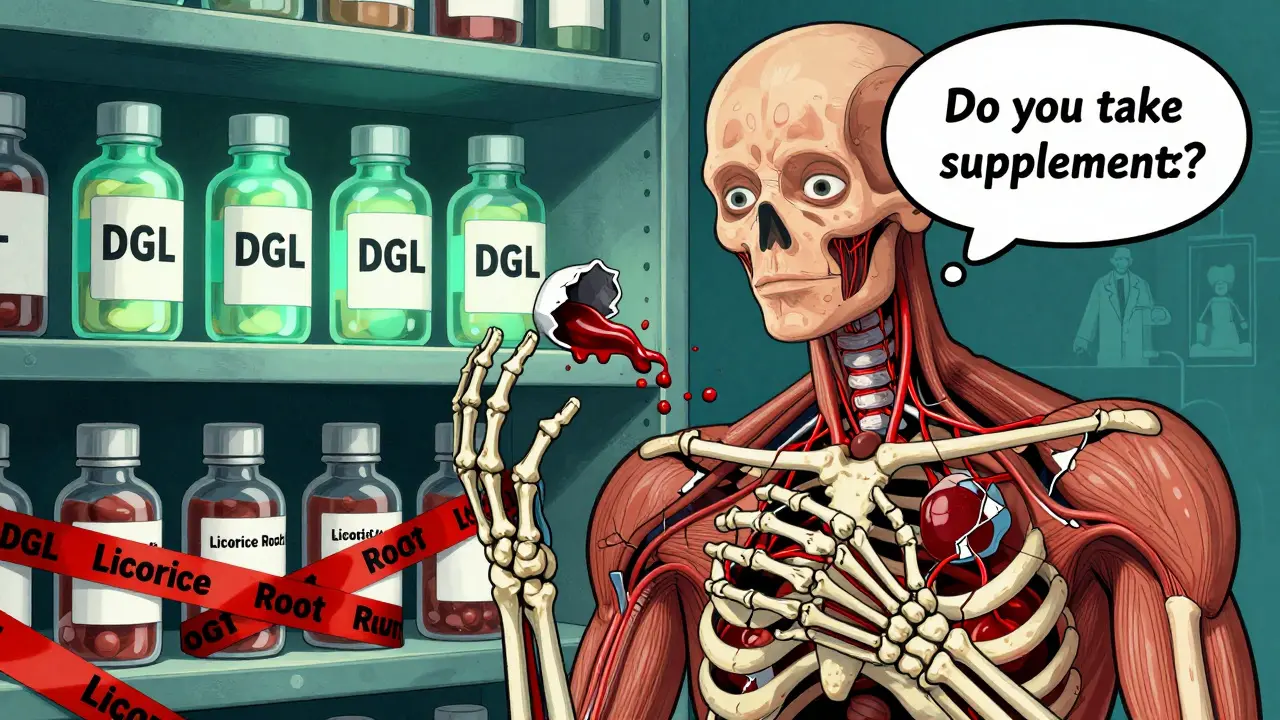 A pharmacy shelf with safe DGL bottles glowing and dangerous licorice root bottles cracked open, spilling hands.