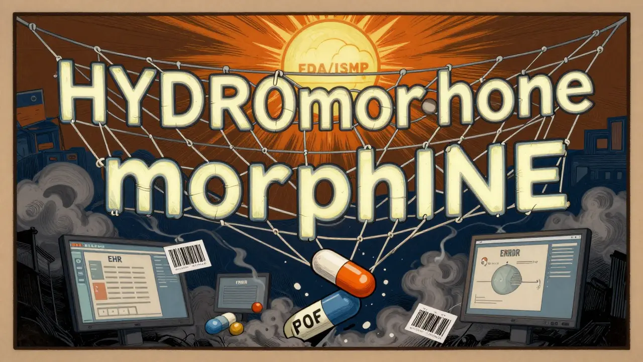 A safety net made of capitalized drug letters catches a falling pill, with EHR screens dissolving below and a sun shaped like FDA/ISMP seal above.