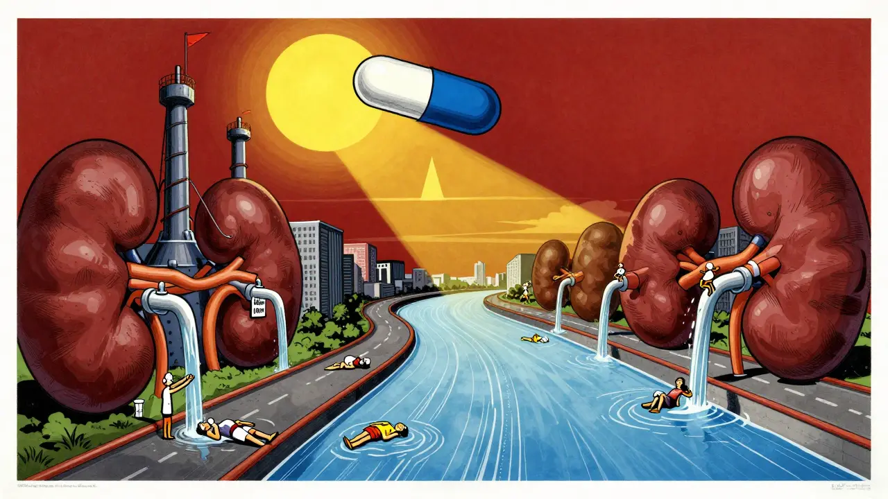 A surreal organ city with a pill sun, water river, and dizziness victims in Polish poster design.