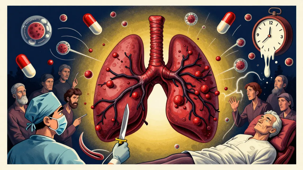 A thymus tumor with antibody armies attacking nerve-muscle connections, rendered in high-contrast Polish poster colors.