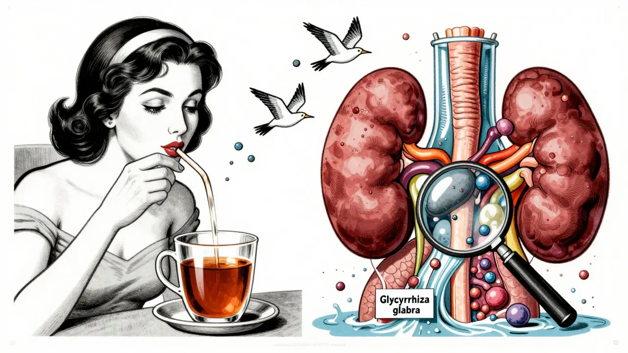 A woman drinking licorice tea while her kidneys flood with sodium and potassium escapes like birds.