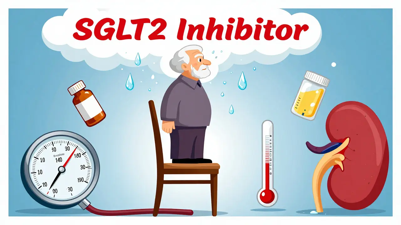 An elderly person standing up as blood pressure drops, with a kidney filtering sugar in stylized poster art.