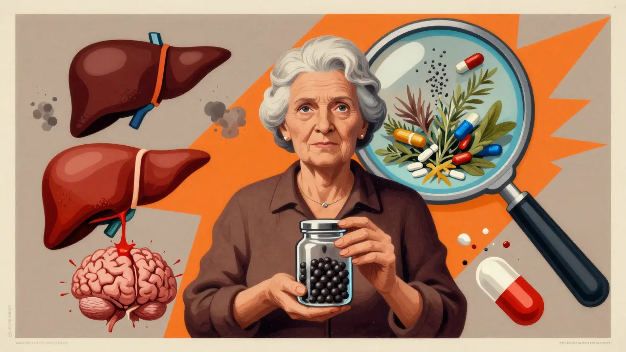 An elderly woman holding herbs as surreal medical dangers float around her in a high-contrast illustrative style.