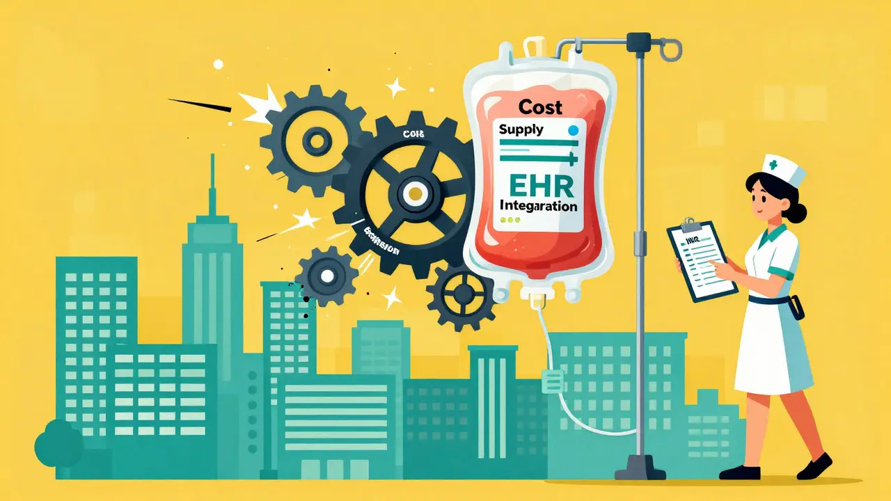 An IV bag as a gear system with broken components causing sparks, symbolizing complex drug selection challenges.