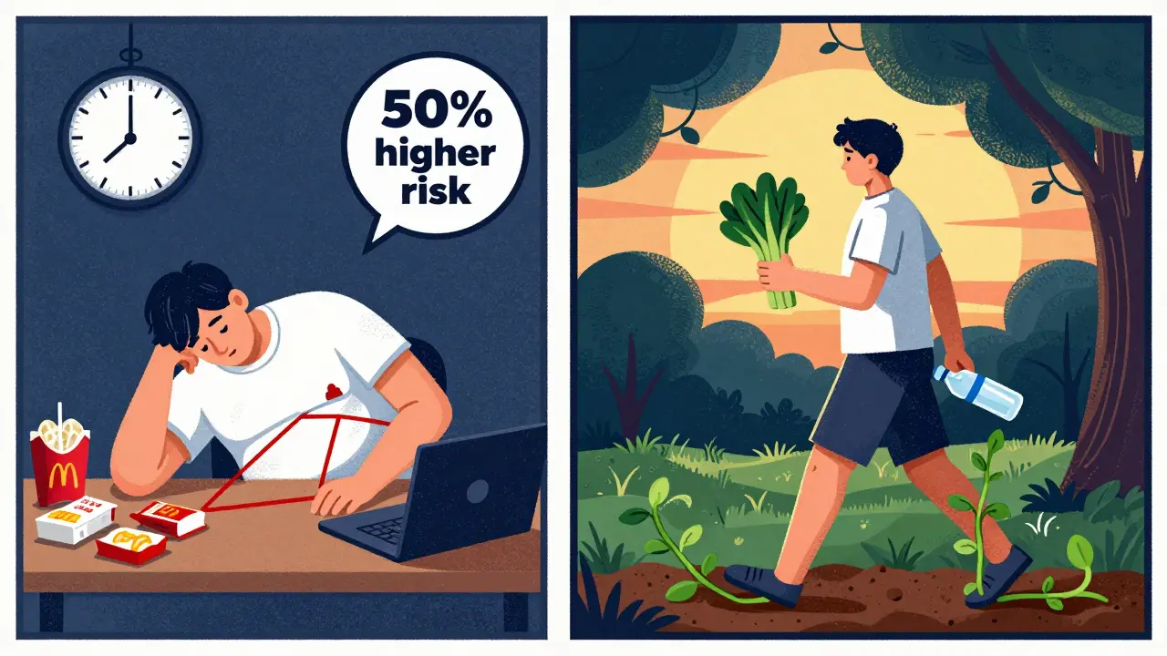 Before-and-after scene of a person reversing metabolic syndrome: from desk-bound with fast food to walking in dawn light with vegetables, in Polish poster aesthetic.