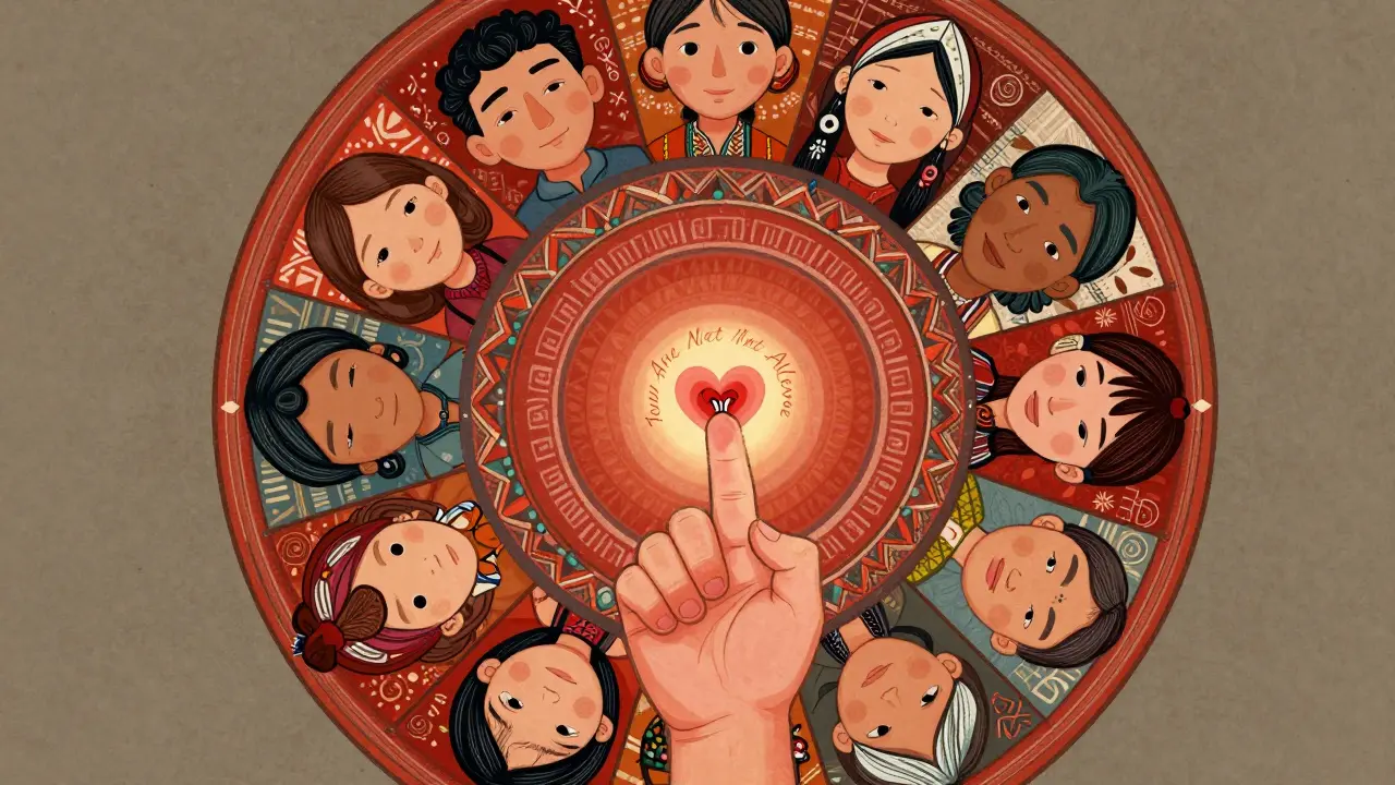 Circular design of diverse parents and supporters surrounding a newborn’s hand, symbolizing community and healing for postpartum depression.