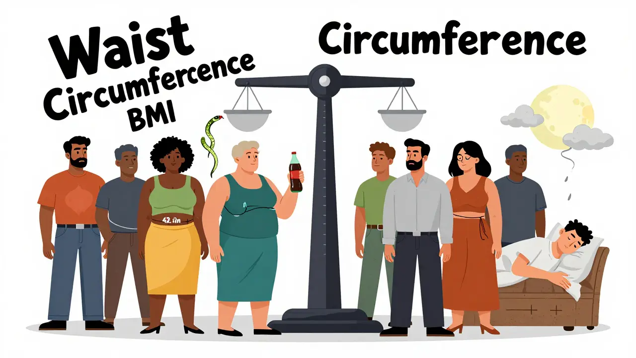 Diverse people standing before a weight scale while an invisible waist scale looms behind, with symbolic food and stress elements in bold illustration style.